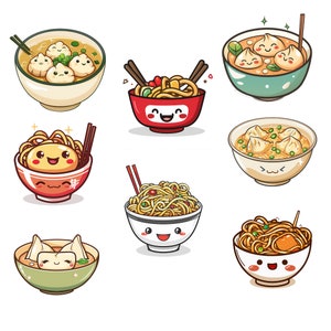 May include: A set of nine cartoon illustrations of various Asian noodle dishes and dumplings. Each bowl has a cute face and is filled with noodles, dumplings, and vegetables. The bowls are white, red, and green.