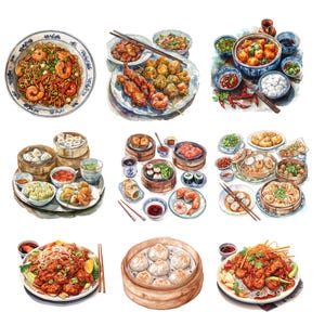 Puede incluir: Una ilustraci&oacute;n acuarela de varios platos chinos, incluyendo alb&oacute;ndigas, fideos y platos salteados. Los platos est&aacute;n dispuestos en platos y cuencos, y algunos est&aacute;n en cestas de vapor. La ilustraci&oacute;n est&aacute; sobre un fondo blanco.