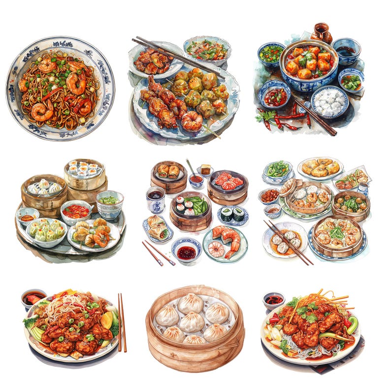 Puede incluir: Una ilustraci&oacute;n acuarela de varios platos chinos, incluyendo alb&oacute;ndigas, fideos y platos salteados. Los platos est&aacute;n dispuestos en platos y cuencos, y algunos est&aacute;n en cestas de vapor. La ilustraci&oacute;n est&aacute; sobre un fondo blanco.