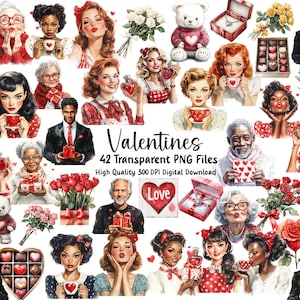 Niedliche Valentinstag Clipart, Retro Frauen und Männer, Rosen, Süßigkeiten, Teddybär, Junk Journal Art, Party Dekoration, Grußkarten, Einladungen