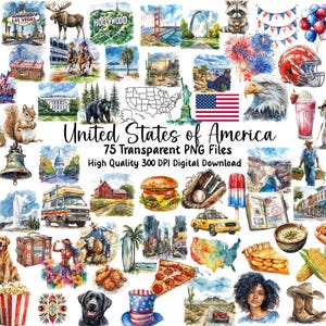 Może przedstawiać: Akwarelowe ilustracje amerykańskich zabytków i symboli, w tym Statuy Wolności i amerykańskiej flagi. Tekst zawiera "United States of America" i "75 Transparent PNG Files".