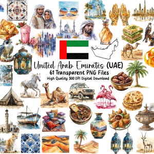 May include: Watercolor illustrations of the United Arab Emirates, including a flag, map, and various cultural elements. The image features camels, a desert landscape, traditional food, and architectural landmarks. Text reads "United Arab Emirates (UAE)"