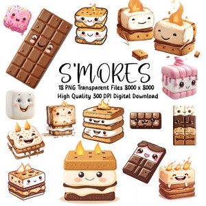 S'mores Clipart, Kawaii Smore Treats, Chocolate, Marshmallow, Cookie Clipart, Camping Clipart PNG, Convites, Scrapbooking, Planejadores