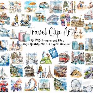 Pacote de clipart de viagem, PNG de pontos turísticos, clipart de praia, esqui, golfe, transporte, download instantâneo, uso comercial.