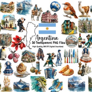 May include: A collection of watercolor illustrations featuring Argentinian landmarks, food, and cultural elements. Includes a map outline, flag, and text that reads "Argentina 50 Transparent PNG Files".