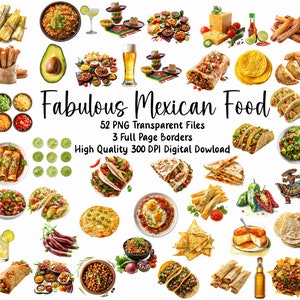 May include: A collection of 52 digital images featuring various Mexican foods, including tacos, burritos, enchiladas, guacamole, churros, and more. The images are high quality and perfect for use in digital projects.