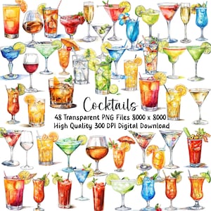 Puede incluir: Ilustración en acuarela de varios cócteles en diferentes vasos, incluyendo margaritas, martinis y combinados. La imagen incluye la palabra "Cocktails" y detalles sobre la descarga digital.