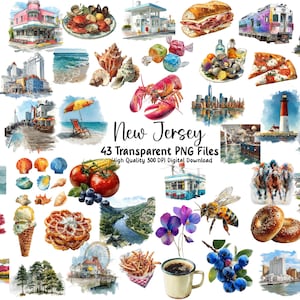 May include: A collection of 43 transparent PNG files featuring watercolor illustrations of New Jersey landmarks, food, and scenery. Includes images of beaches, buildings, food, and wildlife, with the text "New Jersey" and file details.