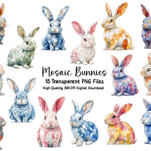 Skurrile Mosaik-Hasen Clipart, Osterhase, Kaninchen, Wohnkultur, Wandkunst, Einladungen, Junk-Journal, PNG-Dateien