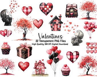 May include: A set of 22 Valentine's Day themed digital clipart images. The images include hearts, houses, trees, gifts, cupcakes, balloons, and more. All images are in a watercolor style and are perfect for creating Valentine's Day cards, invitations, and other crafts.