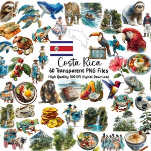 Watercolor Costa Rica Clipart: Rainforest Animals & Plants (PNG Images, Digital Download)