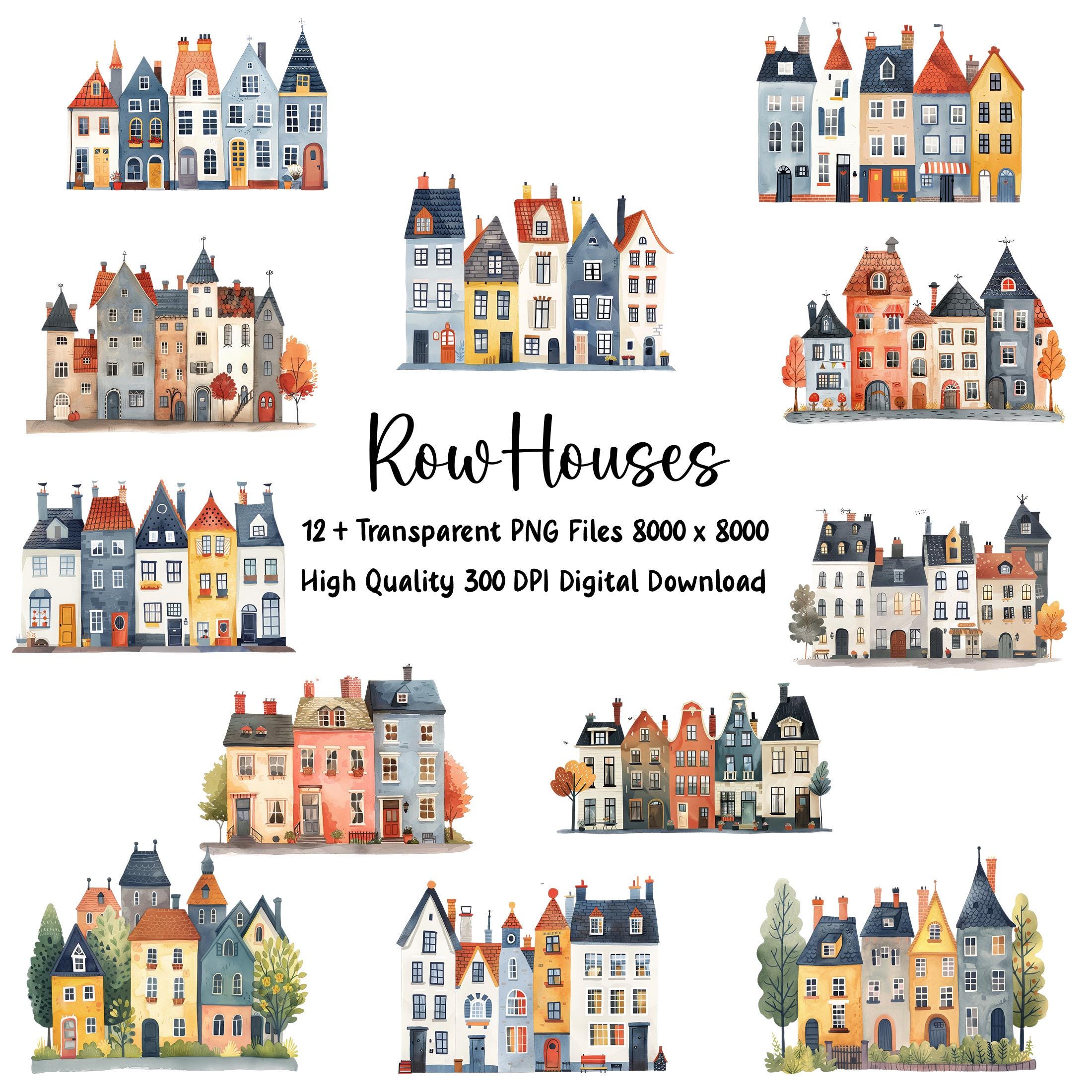 Whimsical Row Houses Clipart, Chibi Homes, Junk Journal, Stickers, Invitations, Greeting Cards, Commercial Use, PNG, Instant Download