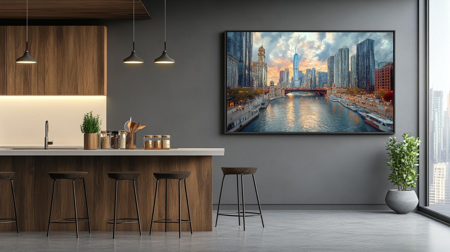 シカゴ川の水彩画アートプリント：都市景観のホームデコレーション