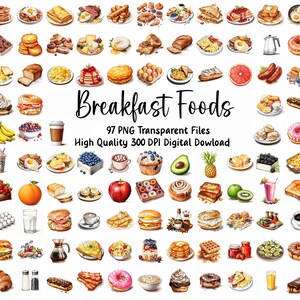 100 gráficos de desayuno en acuarela, conjunto de imágenes prediseñadas esenciales para la mañana, imágenes de menú y café, decoración de planificador de comidas imprimible, acceso instantáneo