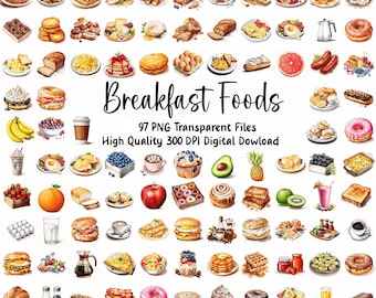 May include: A collection of 97 watercolor illustrations of breakfast foods, including eggs, toast, pancakes, fruit, coffee, and more. The illustrations are high quality and perfect for digital projects.
