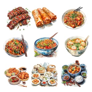 Puede incluir: Una pintura acuarela de una variedad de platos chinos, incluyendo rollitos de primavera, fideos, alb&oacute;ndigas y costillas. Los platos est&aacute;n dispuestos en una cuadr&iacute;cula sobre un fondo blanco.