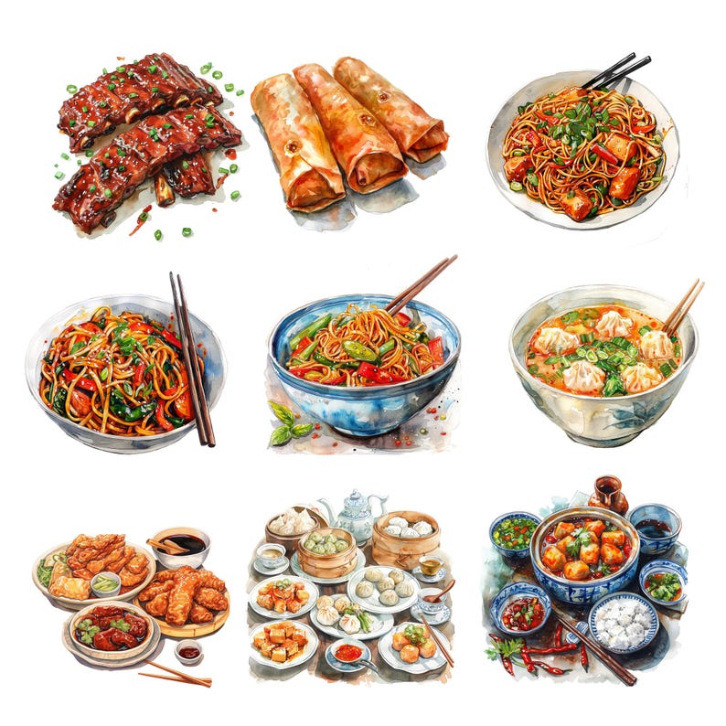 Puede incluir: Una pintura acuarela de una variedad de platos chinos, incluyendo rollitos de primavera, fideos, alb&oacute;ndigas y costillas. Los platos est&aacute;n dispuestos en una cuadr&iacute;cula sobre un fondo blanco.