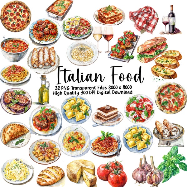 Charming Italian Cuisine Clipart - Pasta, Spaghetti, Ravioli for Commercial Use - Instant Download