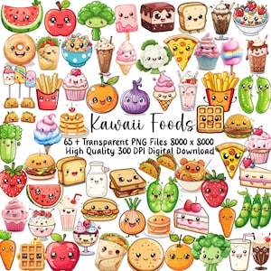 Kawaii voedsel clipart | 65 schattige voedselafbeeldingen | Kawaii PNG-bundel | Schattige afdrukbare stickers, commercieel gebruik, direct downloaden