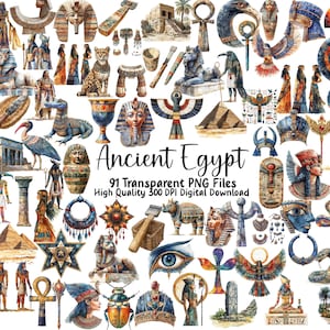 Puede incluir: Una colección de 91 ilustraciones de acuarela de símbolos, figuras y objetos del antiguo Egipto. Las ilustraciones están en una variedad de colores, incluyendo oro, azul, rojo y verde. Las ilustraciones son perfectas para usar en scrapbooking, creación de tarjetas y otros proyectos de manualidades.