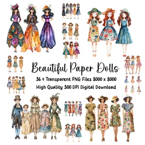 Whimsical Paper Dolls Clipart: Vintage Style Graphics (Commercial Use, Digital Download)