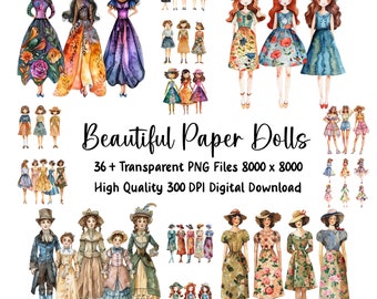 Whimsical Paper Dolls Clipart: Vintage Style Graphics (Commercial Use, Digital Download)