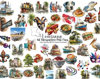 Imágenes prediseñadas de Luisiana: Nueva Orleans, iconos, mapa del estado (uso comercial, descarga digital)