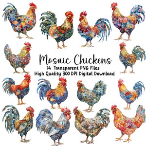 Mosaïque fantaisiste des cliparts poulets, poules artistiques, coqs, décoration d'intérieur, art mural, invitations, journal indésirable, fichiers PNG