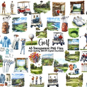 Golf clipartbundel - aquarel sport illustraties, golfbaan png, cadeau voor sportliefhebber, sublimatie, uitnodigingen, tijdschrift, commercieel gebruik