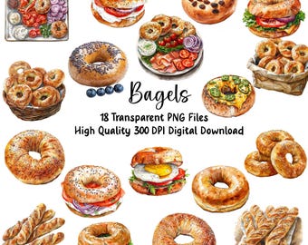 May include: A collection of 18 watercolor illustrations of bagels, including plain, everything, sesame, poppy seed, and various toppings. The illustrations are high quality and perfect for digital projects.