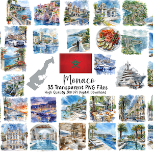 May include: A collection of 35 transparent PNG files featuring watercolor illustrations of Monaco. The images showcase scenic views of the city, including architecture, landscapes, yachts, and a race car. The images are high quality with 300 DPI.