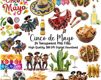 Vibrant Cinco de Mayo Clipart Collection PNG Watercolor Mexican Fiesta Festival Clipart Commercial Use