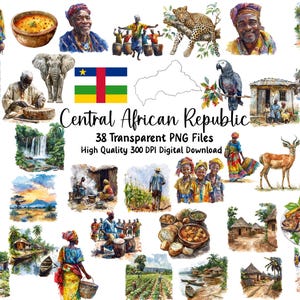 May include: Watercolor illustrations of the Central African Republic, featuring people, animals, landscapes, and cultural elements. Includes images of people, wildlife, food, and traditional dwellings. The text reads "Central African Republic" and "38 Transparent PNG Files".