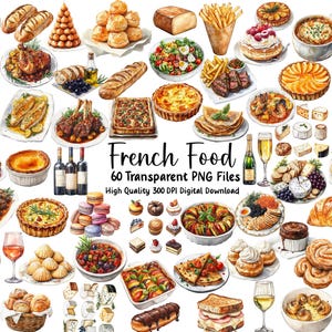 以下が含まれることがあります： フランス料理の60点の水彩画イラスト集。ペストリー、パン、チーズ、ワイン、その他料理など。イラストは高品質で、デジタルプロジェクトに最適です。