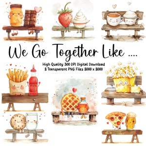 Clipart de paires d'aliments fantaisistes, accord parfait, nourriture We Go Together, duos de plats, des cliparts pour des Invitations, cartes, PNG, usage Commercial