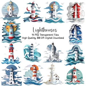 Lighthouse Clipart: Nautical Paper Cut Style (Digital Download)