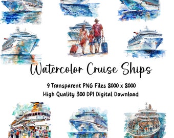 Watercolor Cruise Ship, Ocean liner bundle,Instant Download, Invitation Clipart, Commercial Use