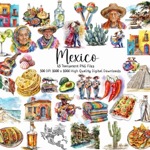 Aquarel Mexico clipart, reizen clipart, Mexicaanse cultuur clipart, Cinco de Mayo clipart, Mexicaans eten clipart, digitale download clipart