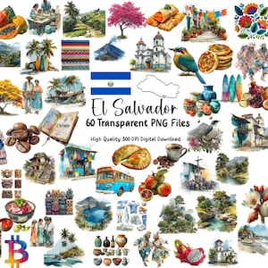 May include: Watercolor illustrations of El Salvador, including the flag, map, and various cultural elements. The image features 60 transparent PNG files, showcasing food, landscapes, and traditional attire, all in a digital download.