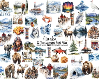 Clipartset Alaska: wilde dieren, inheemse volkeren, educatieve kunst (commercieel gebruik, digitale download)