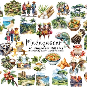Aquarell Madagaskar Clipart, Reise, Afrikanische Kultur, Insel, Tropischer Strand, PNG-Bilder, Scrapbooks, Journal, Grußkarten