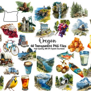 May include: Watercolor illustrations of Oregon-themed images, including a map outline, a bridge, a waterfall, a lighthouse, a pie, a bicycle, and a sign that says "Welcome to Oregon". The text "Oregon" and "40 Transparent PNG Files" are also included.