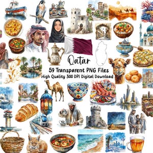 Puede incluir: Ilustraciones en acuarela de Qatar, con elementos culturales como vestimenta tradicional, arquitectura, comida y fauna. La imagen incluye una bandera, un contorno de mapa y el texto "Qatar 59 Transparent PNG Files High Quality 300 DPI Digital Download."