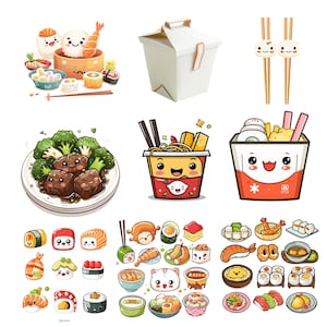 May include: A collection of cute cartoon illustrations of various Asian food items, including sushi, dumplings, noodles, and stir-fry. The illustrations are in a bright and colorful style, with a focus on kawaii aesthetics.