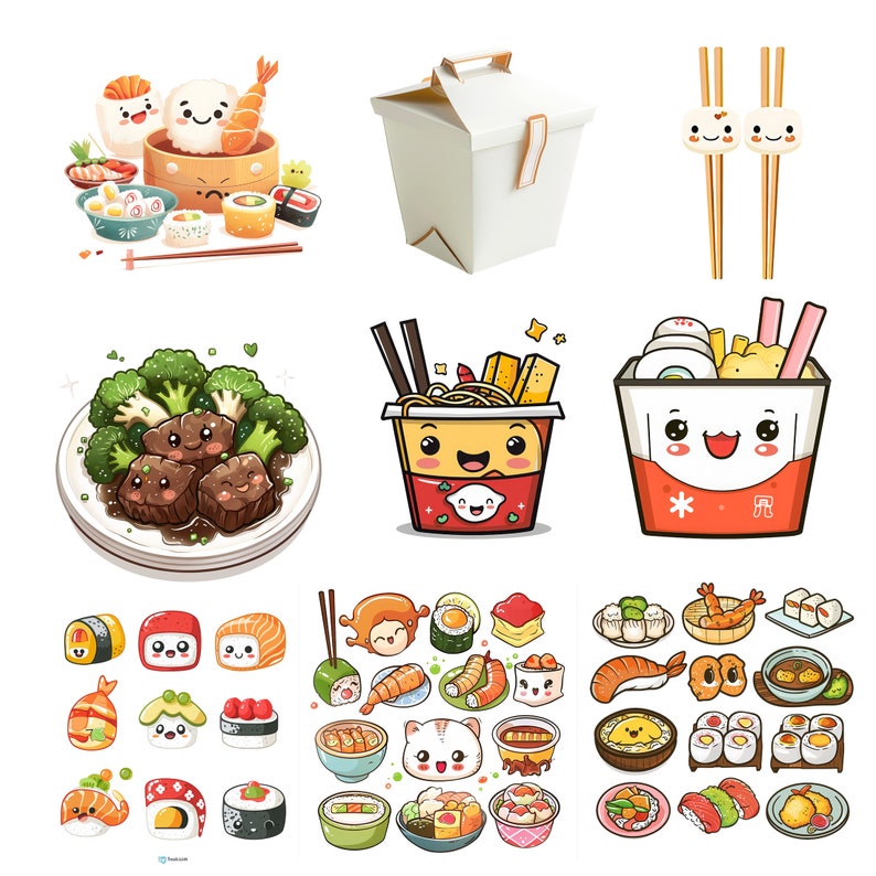 May include: A collection of cute cartoon illustrations of various Asian food items, including sushi, dumplings, noodles, and stir-fry. The illustrations are in a bright and colorful style, with a focus on kawaii aesthetics.