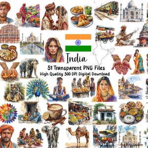 Indien akvarell clipart-paket, kultur, landmärken (digital nedladdning av PNG)