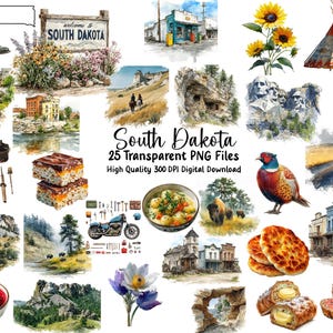 Puede incluir: Ilustraciones en acuarela de temas de Dakota del Sur, incluyendo un letrero de bienvenida, el Monte Rushmore, un faisán, una motocicleta y varios alimentos. El texto dice "South Dakota" y "25 Transparent PNG Files".