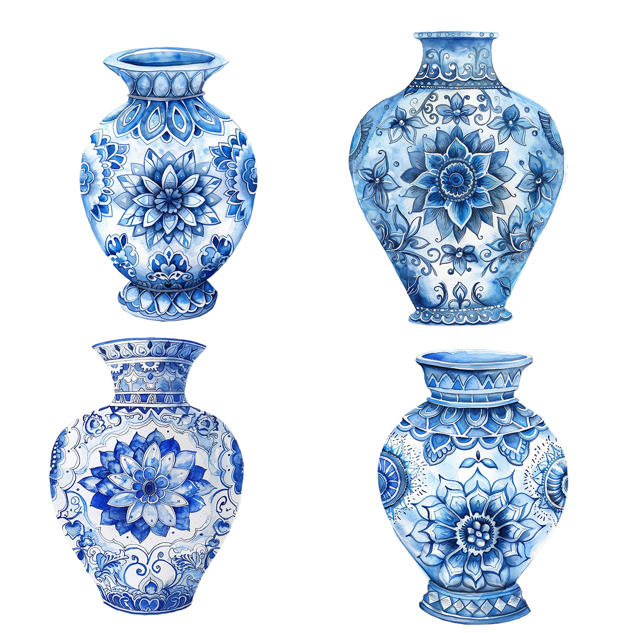 Blue Toile Vase Clipart, Blue Chinoiserie Vases, Transparent Background Commercial Use, 300DPI