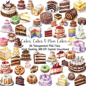 Clipart de bolo de aquarela, guloseimas, bolos lindos, convites para festas, cartões comemorativos, diários, download instantâneo