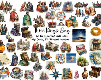 May include: A collection of 50 transparent PNG files with watercolor illustrations themed around the Three Kings Day celebration. The images include depictions of the Three Wise Men, gifts, crowns, and related imagery. The text "Three Kings Day" and "Feliz Reyes" is also present.